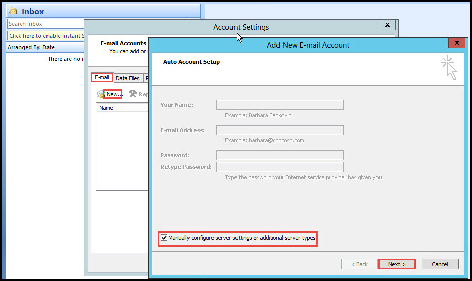 Training POP3 & IMAP4 in exchange client access server account settings add new email account 8