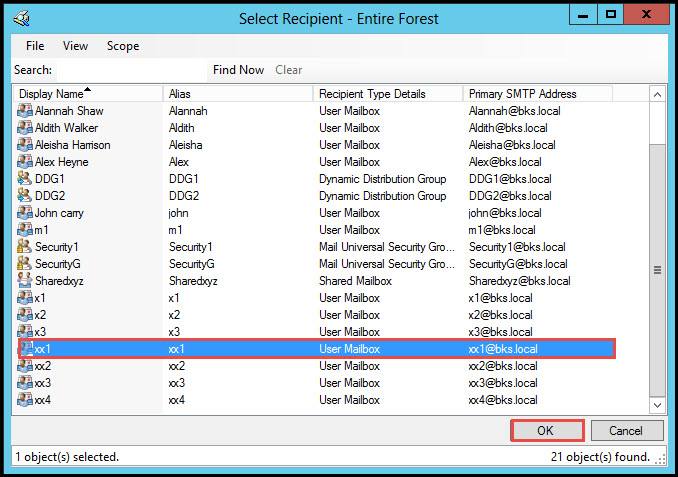 Training exchange server 2010 select recipient entire forest 7