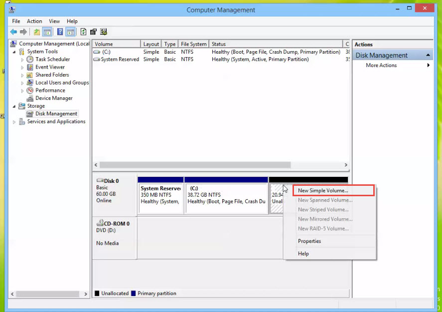 How to Create New Volume Drive in Window 8 training with Disk Management new simple volume 3
