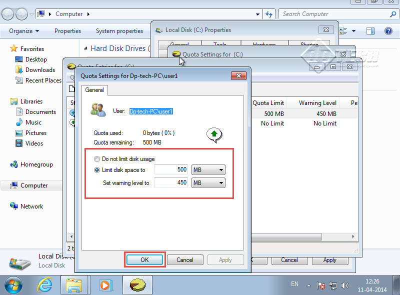 Microsoft training 2007 Set Disk Quotas for a User quota settings limit disk space 6