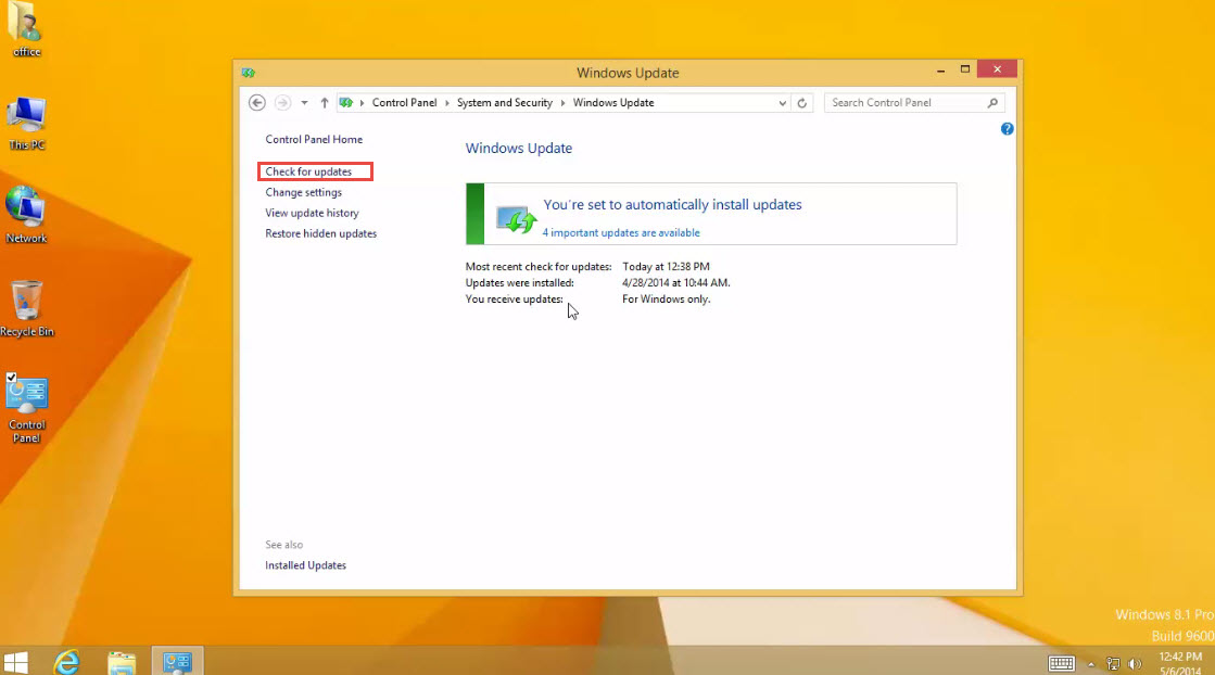 Microsoft Windows 8 training check for update