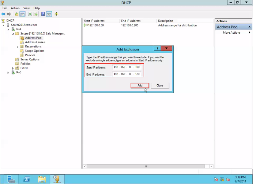 Training to Configure DHCP Exclusion Range on Server 2012 Add Exclusion Range