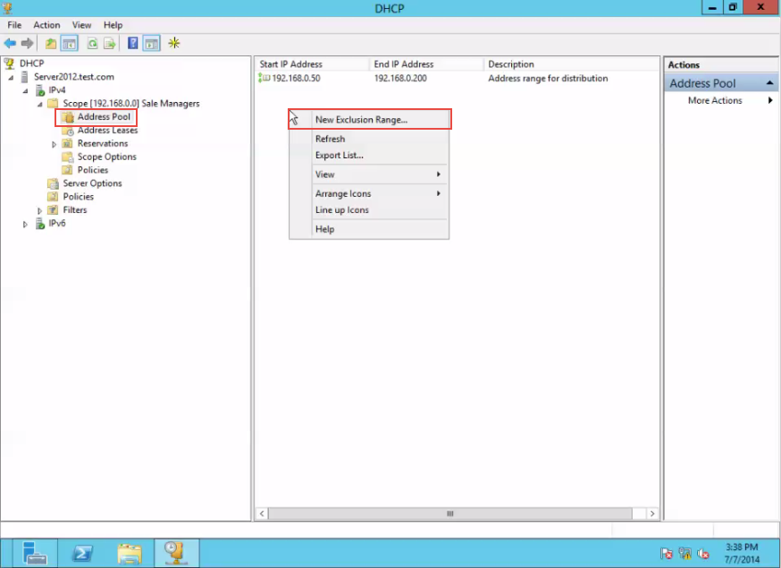 Training to Configure DHCP Exclusion Range on Server 2012 Right Click New Exclusion Range