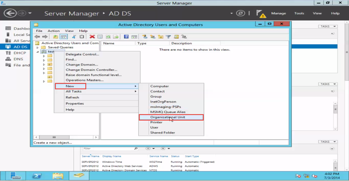 Training to create OU in Active Directory Domain Service Server 2012 new OU 3