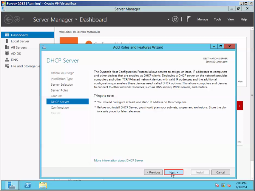 Training to Install DHCP Service on Microsoft Windows Server 2012 click next