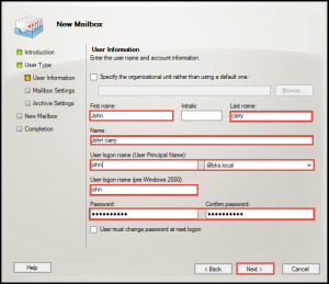 Training Create mailbox enable user server 2010 new mailbox user information 4