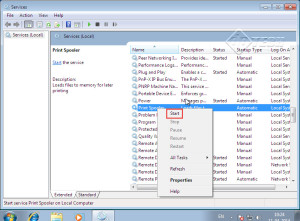 Right click on “Print Spooler” service and click “Start.