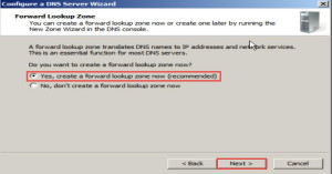 “Yes, create a forward lookup zone now (recommended)” option and hit the “Next” button to proceed